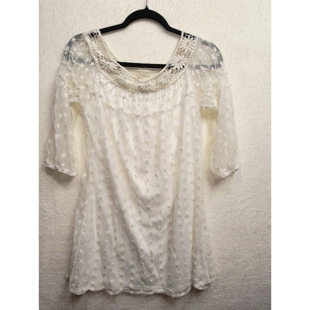 Vintage Heart Soul Lace Mesh Swiss Dot Boho Dress Small Cream 3/4 Sleeve Y2K